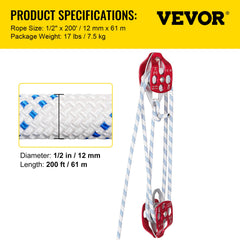 Twin Sheave Block and Tackle 1.09-1.27cm 3048-6096cm Twin Sheave Block with Braid Rope 30-35KN 2994-3495KGS Double Pulley Rigging (1/2" x 200')