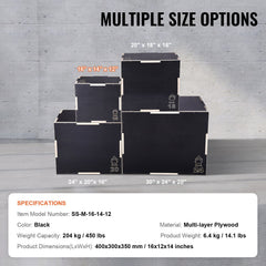 3 in 1 Plyometric Jump Box, 16/14/12 Inch Wooden Plyo Box, Platform & Jumping Agility Box, Anti-Slip Fitness Exercise Step Up Box for Home Gym Training, Conditioning Strength Training, Black