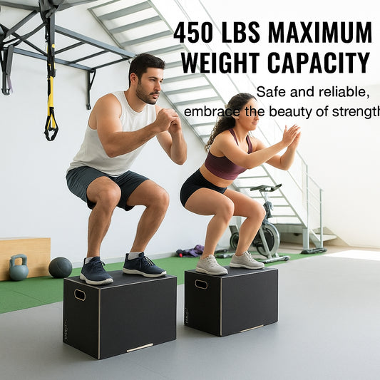3 in 1 Plyometric Jump Box, 16/14/12 Inch Wooden Plyo Box, Platform & Jumping Agility Box, Anti-Slip Fitness Exercise Step Up Box for Home Gym Training, Conditioning Strength Training, Black