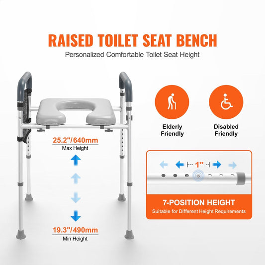 Raised Toilet Seat, 7-Position Height Adjustment 655-805 Mm, 158.7 kg Weight Capacity, with Comfort Padded Aluminum Frame, Universal Toilet Seat Riser, for Elderly, Handicap, Pregnant, Medical