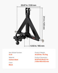 3 Point Trailer Hitch 2 in Receiver, 3pt Quick Hitch Attachment with 3 Trailer Balls, Tractor Tow Drawbar Adapter, Compatible with Kubota, Mahindra, Ford, Yanmar, John Deere, Massey Ferguson