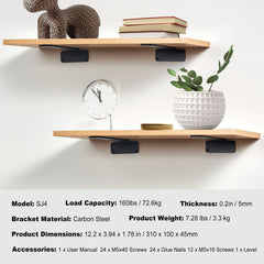 Shelf Bracket, 31cmL x 10cmW x 4.5cmH 6 Pcs, Heavy Duty Floating Shelf Brackets, Brackets for Shelves, 5mm Thick Matte Black L Shelf Bracket,Steel Shelving Brackets with 72.6 kg Load Capacity