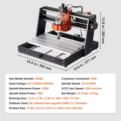 CNC Router Machine, 120W, 3 Axis GRBL Control Wood Engraving Carving Milling Machine Kit, 11.81 x 7.87 x 2.83 in / 300 x 200 x 72 mm Working Area 1200 RPM for Wood Acrylic MDF PVC Plastic Foam