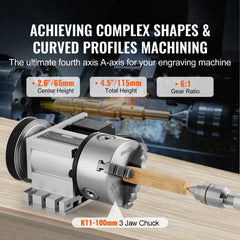 Dividing Head, K11-100mm 3-Jaw Chuck, CNC Router Milling Machine Rotational Axis 4th Axis A Axis Indexing Head, 65 mm Center Height MT2 Tailstock 6:1 Gear Ratio, Universal for Engraving