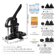 Button Maker Machine, 1/1.25/2.28 inch(25/32/58mm) 3-in-1 Pin Maker, Installation-Free Badge Punch Press Kit, Button Making Supplies with 300pcs Button Parts, Circle Cutter, Magic Book