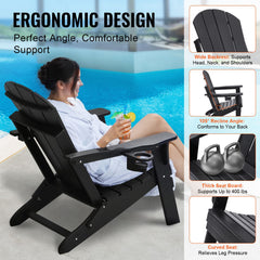 Adirondack Chair Plastic, Set of 2 All-Weather Portable Folding Fire Pit Chair, Outdoor Adirondack Patio Chair with Cup Holder, with Relaxing Arm Rest Ergonomic, for Garden, Backyard - Black