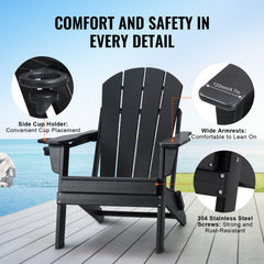 Adirondack Chair Plastic, Set of 2 All-Weather Portable Folding Fire Pit Chair, Outdoor Adirondack Patio Chair with Cup Holder, with Relaxing Arm Rest Ergonomic, for Garden, Backyard - Black