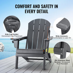 Adirondack Chair Plastic, Set of 2 All-Weather Portable Folding Fire Pit Chair, Outdoor Adirondack Patio Chair with Cup Holder, with Relaxing Arm Rest Ergonomic, for Garden, Backyard - Gray