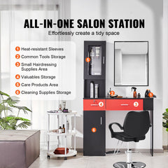 Salon Station, Wall Mount Barber Salon Station for Hair Stylist, Beauty Spa Furniture Set, 1 Storage Cabinet, 3 Cubbies and 2 Drawers(One Lockable), Black and Red