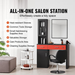 Salon Station, Wall Mount Barber Salon Station for Hair Stylist, Beauty Spa Furniture Set, 1 Storage Cabinet, 3 Cubbies and 2 Drawers(One Lockable), Black and Red