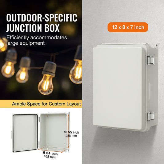 Outdoor Electrical Junction Box, 300 x 200 x 180 mm, ABS Plastic Electrical Enclosure Box with Hinged Cover Stainless Steel Latch, IP67 Dustproof Waterproof for Outdoor Electrical Projects