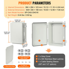 Outdoor Electrical Junction Box, 430 x 330 x 180 mm, ABS Plastic Electrical Enclosure Box with Hinged Cover Stainless Steel Latch, IP67 Dustproof Waterproof for Outdoor Electrical Projects, 17 x 13 x 7 inch