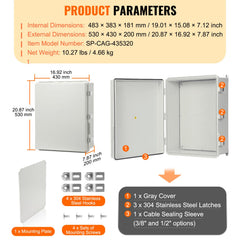 Outdoor Electrical Junction Box, 530 x 430 x 200 mm, ABS Plastic Electrical Enclosure Box with Hinged Cover Stainless Steel Latch, IP67 Dustproof Waterproof for Outdoor Electrical Projects, 21 x 17 x 8 inch