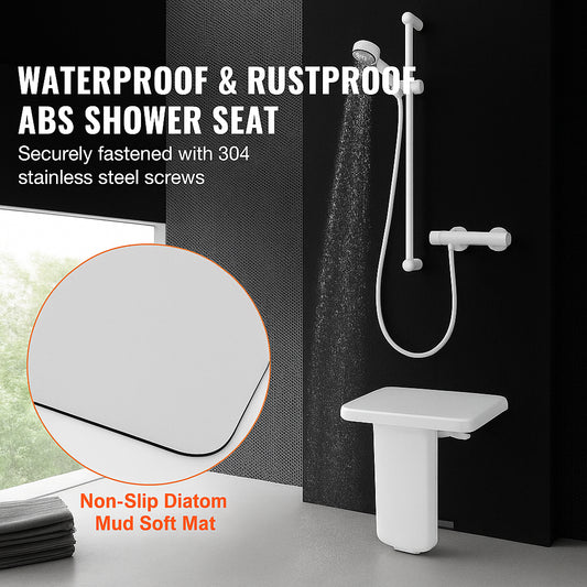 Folding ABS Shower Seat, 15.7'' x 16.7'' Unfolded, Wall Mounted Fold Up Shower Bench with 440 lbs Load Capacity, Space Saving Fold Down Shower Chair for Seniors Pregnant Women Children Adults