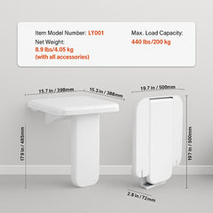Folding ABS Shower Seat, 15.7'' x 16.7'' Unfolded, Wall Mounted Fold Up Shower Bench with 440 lbs Load Capacity, Space Saving Fold Down Shower Chair for Seniors Pregnant Women Children Adults