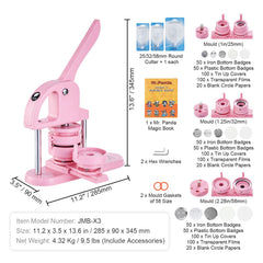 Button Maker, 1/1.25/2.28 inch(25/32/58mm) 3-IN-1 Pin Maker, 300pcs Button Parts, Button Maker Machine with Panda Magic Book, Ergonomic Arc Handle Punch Press Kit, For Children DIY Gifts, Pink