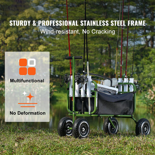 Beach Fishing Cart, 136kg Load Capacity, Foldable Fish and Marine Cart with Four 280mm Big Wheels Rubber Balloon Tires, Heavy-Duty Steel Pier Wagon Trolley with 8 Rod Holders for Picnic