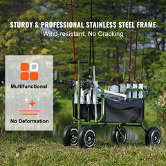 Beach Fishing Cart, 136kg Load Capacity, Foldable Fish and Marine Cart with Four 280mm Big Wheels Rubber Balloon Tires, Heavy-Duty Steel Pier Wagon Trolley with 8 Rod Holders for Picnic