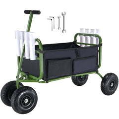 Beach Fishing Cart, 136kg Load Capacity, Foldable Fish and Marine Cart with Four 280mm Big Wheels Rubber Balloon Tires, Heavy-Duty Steel Pier Wagon Trolley with 8 Rod Holders for Picnic
