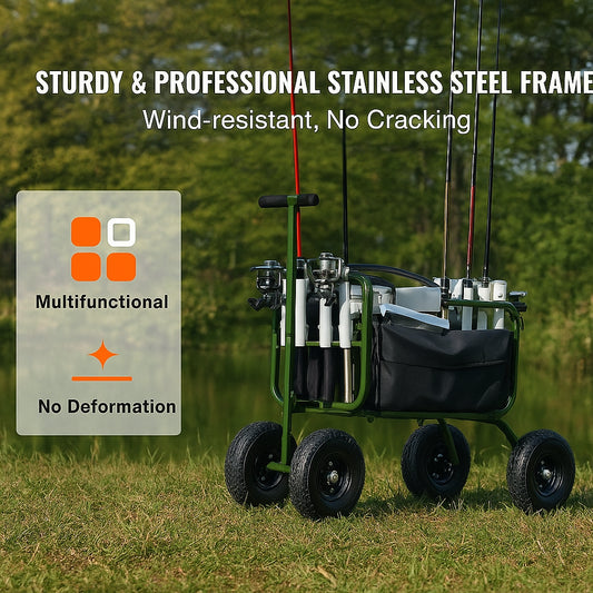 Beach Fishing Cart, 136kg Load Capacity, Foldable Fish and Marine Cart with Four 280mm Big Wheels Rubber Balloon Tires, Heavy-Duty Steel Pier Wagon Trolley with 8 Rod Holders for Picnic