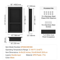 Shower Niche Ready for Tile 40.64 x 81.28 cm, Double Shelf Organizer, Square Corners Wall-inserted Niche Recessed, Sealed Protection Modern Soap Storage Niche for Shower Bathroom, Black