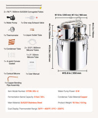 Moonshine Still Water Alcohol Distiller 8Gal w/Thumper Keg & 8W Water Pump
