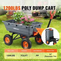 Dump Cart, Poly Garden Dump Cart with Easy to Assemble Steel Frame, Dump Wagon with 2-in-1 Convertible Handle, Utility Wheelbarrow 544kg/ 1200lbs Capacity, 33cm/ 13 inch Tires
