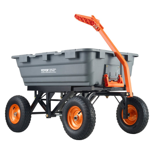 Dump Cart, Poly Garden Dump Cart with Easy to Assemble Steel Frame, Dump Wagon with 2-in-1 Convertible Handle, Utility Wheelbarrow 1500 lbs Capacity, 13 inch Tires