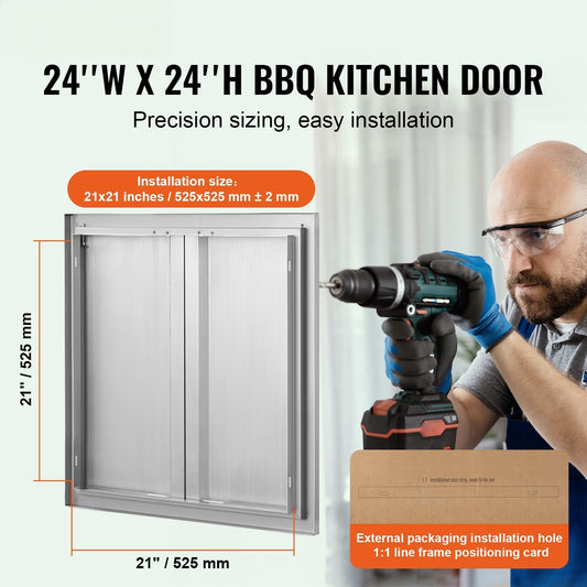 BBQ Access Door, 610x610 mm Double Outdoor Kitchen Door, Stainless Steel Flush Mount Door, Wall Vertical Door with Recessed Handles , for BBQ Island, Grilling Station, Outside Cabinet