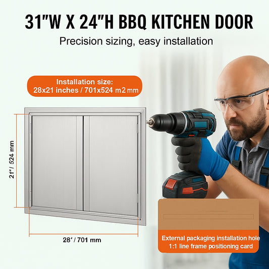 BBQ Access Door, 787x609 mm Double Outdoor Kitchen Door, Stainless Steel Flush Mount Door, Wall Vertical Door with Recessed Handles , for BBQ Island, Grilling Station, Outside Cabinet