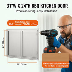 BBQ Access Door, 787x609 mm Double Outdoor Kitchen Door, Stainless Steel Flush Mount Door, Wall Vertical Door with Recessed Handles , for BBQ Island, Grilling Station, Outside Cabinet
