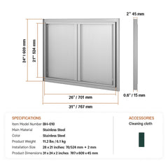 BBQ Access Door, 787x609 mm Double Outdoor Kitchen Door, Stainless Steel Flush Mount Door, Wall Vertical Door with Recessed Handles , for BBQ Island, Grilling Station, Outside Cabinet