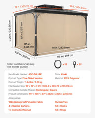 Gazebo Curtains Outdoor, 12' x 10' x 7.3' Gazebos, 4-Panel Sidewall Gazebo Privacy Curtains with Zippers, Outdoor Curtain Replacement for Patio Canopy, Only Curtain, Khaki