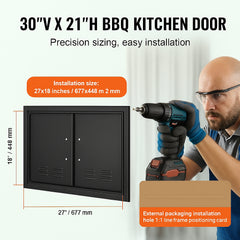BBQ Access Door,762 x533 mm Double Outdoor Kitchen Door, Cold Plate Flush Mount Door, Wall Vertical Door with Handles and Ventss, for BBQ Island, Grilling Station, Outside Cabinet