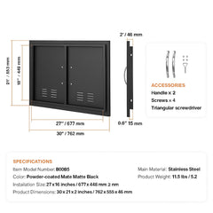 BBQ Access Door,762 x533 mm Double Outdoor Kitchen Door, Cold Plate Flush Mount Door, Wall Vertical Door with Handles and Ventss, for BBQ Island, Grilling Station, Outside Cabinet