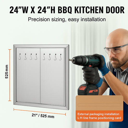 BBQ Access Door, 610x610 mm Double Outdoor Kitchen Door, Stainless Steel Flush Mount Door, Double Wall Vertical Door with Handles and Hooks, for BBQ Island, Grilling Station, Outside Cabinet