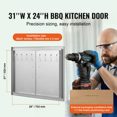 BBQ Access Door, 787x609 mm Double Outdoor Kitchen Door, Stainless Steel Flush Mount Door, Double Wall Vertical Door with Handles and Hooks, for BBQ Island, Grilling Station, Outside Cabinet