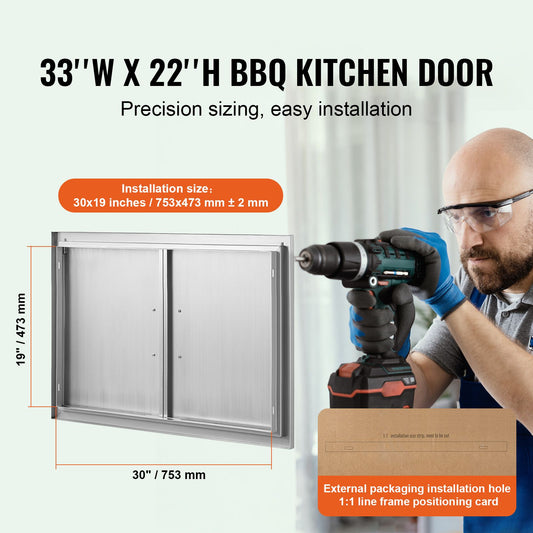 BBQ Access Door, 838x558 mm Double Outdoor Kitchen Door, Stainless Steel Flush Mount Door, Wall Vertical Door with Handles, for BBQ Island, Grilling Station, Outside Cabinet