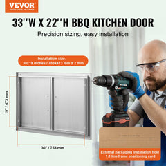 BBQ Access Door, 838x558 mm Double Outdoor Kitchen Door, Stainless Steel Flush Mount Door, Wall Vertical Door with Handles, for BBQ Island, Grilling Station, Outside Cabinet