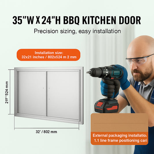 BBQ Access Door, 889x610 mm Double Outdoor Kitchen Door, Stainless Steel Flush Mount Door, Wall Vertical Door with Handles, for BBQ Island, Grilling Station, Outside Cabinet