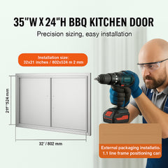 BBQ Access Door, 889x610 mm Double Outdoor Kitchen Door, Stainless Steel Flush Mount Door, Wall Vertical Door with Handles, for BBQ Island, Grilling Station, Outside Cabinet