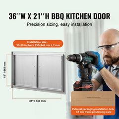 BBQ Access Door, 915x533 mm Double Outdoor Kitchen Door, Stainless Steel Flush Mount Door, Wall Vertical Door with Handles, for BBQ Island, Grilling Station, Outside Cabinet