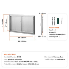 BBQ Access Door, 915x533 mm Double Outdoor Kitchen Door, Stainless Steel Flush Mount Door, Wall Vertical Door with Handles, for BBQ Island, Grilling Station, Outside Cabinet
