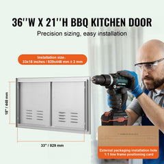 BBQ Access Door, 914x534 mm Double Outdoor Kitchen Door, Stainless Steel Flush Mount Door, Wall Vertical Door with Handles and Vents, for BBQ Island, Grilling Station, Outside Cabinet