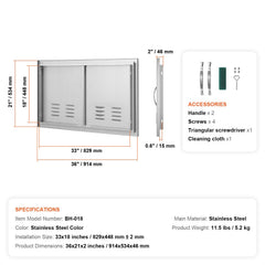 BBQ Access Door, 914x534 mm Double Outdoor Kitchen Door, Stainless Steel Flush Mount Door, Wall Vertical Door with Handles and Vents, for BBQ Island, Grilling Station, Outside Cabinet