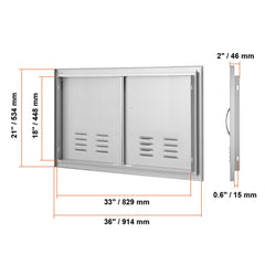 BBQ Access Door, 914x534 mm Double Outdoor Kitchen Door, Stainless Steel Flush Mount Door, Wall Vertical Door with Handles and Vents, for BBQ Island, Grilling Station, Outside Cabinet