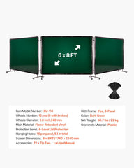 Welding Screen with Frame, 3-Panel 1.74 x 2.34m Welding Curtain Screen, Flame-Resistant Vinyl Protection Screens with 12 Wheels & 6-Level UV Protection for Workshop/Industrial Use, Dark Green