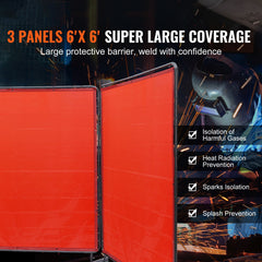 Welding Screen with Frame, 6' x 6' 3 Panel Welding Curtain Screens, Flame-Resistant Vinyl Welding Protection Screen on 12 Swivel Wheels (6 Lockable), Moveable & Professional for Workshop, Red