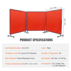Welding Screen with Frame, 6' x 6' 3 Panel Welding Curtain Screens, Flame-Resistant Vinyl Welding Protection Screen on 12 Swivel Wheels (6 Lockable), Moveable & Professional for Workshop, Red