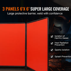 Welding Screen with Frame, 6' x 6' 3 Panel Welding Curtain Screens, Flame-Resistant Vinyl Welding Protection Screen on 12 Swivel Wheels (6 Lockable), Moveable & Professional for Workshop, Red